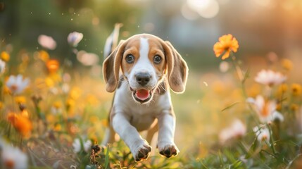 Energetic young beagle runs through colorful flower field at sunset