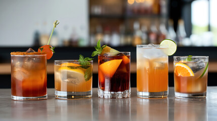 A variety of colorful cocktails garnished with fruits and herbs are lined up on a bar counter