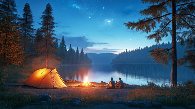 Tourists sitting by the fire in the forest of Ureki. Tent, fire and night starry sky create a romantic atmosphere. Travel and ecotourism concept