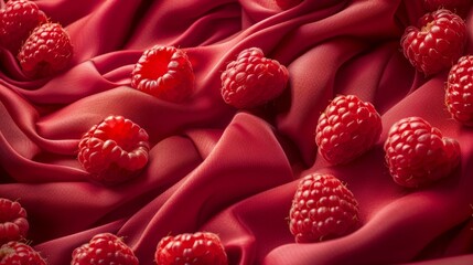 Red raspberry fabric texture with fresh raspberries on silky surface
