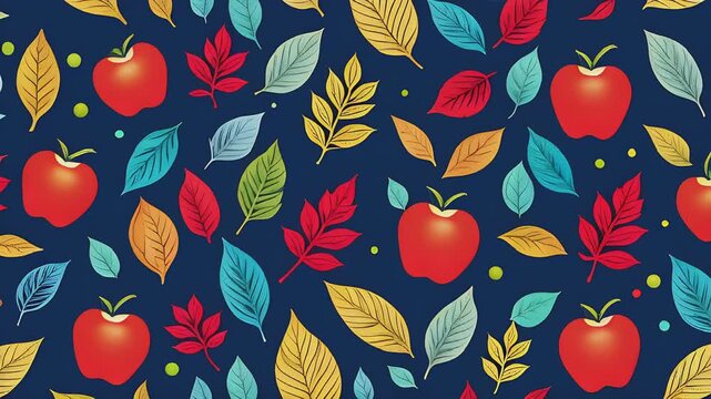 A vibrant pattern featuring red apples and various leaves in shades of yellow, green, and blue against a dark background, creating a lively and cheerful aesthetic.