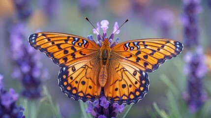 Naklejka premium Monarch of the spanish fritillary butterfly feeding on lavender flowers in a garden