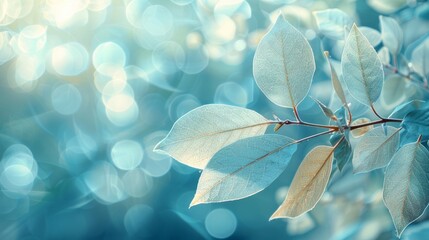Light blue abstract background with delicate leaves and bokeh effects