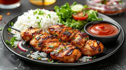 Flavorful chicken tikka served with rice and fresh salad on a stylish plate