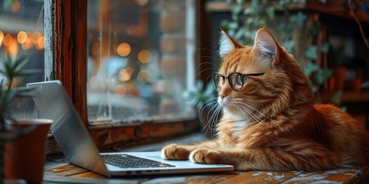 A cat wearing glasses using a laptop in a cozy cafe setting, creating a humorous and charming scene