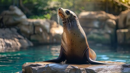 Sea lion basking in the sun at the zoo near tranquil water