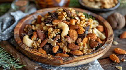 Close-Up of a Wooden Bowl Filled with Almonds, Cashews, Walnuts, and Dried Fruit, wooden bowl, nuts, snack