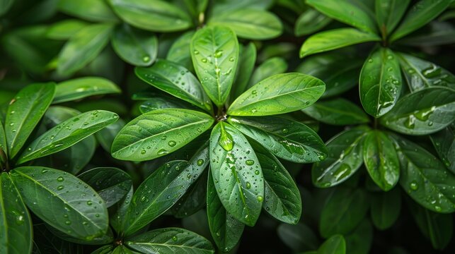 Fresh green schefflera foliage with water droplets in a lush indoor setting