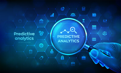 Predictive analytics concept with magnifier in wireframe hand and icons. Big Data analysis. Business intelligence technology concept on virtual screen. Machine learning. AI. Vector illustration.