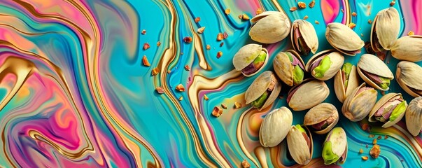 Naklejka premium Pistachios on Abstract Swirling Background, Food Photography, Macro Photography, Nuts, Artistic