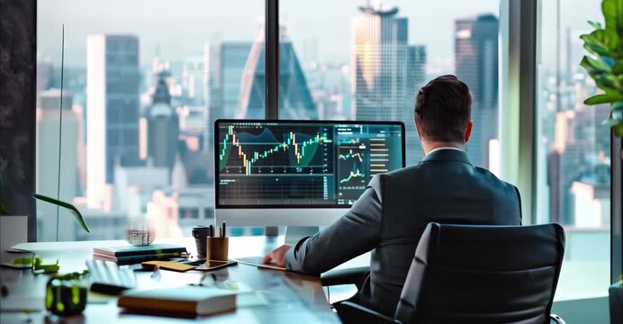 Enfoque en la pantalla de un port&aacute;til mostrando gr&aacute;ficos financieros, con un hombre trabajandodesde la comodidad de su apartamento