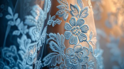 Intricate lace embroidery on wedding dress close-up during bridal preparation