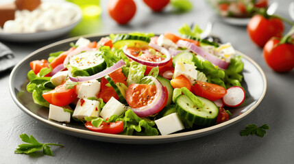 Fresh salad with lettuce, cherry tomatoes, cucumber, radishes, red onion, and feta cheese served in a bowl on a kitchen table.