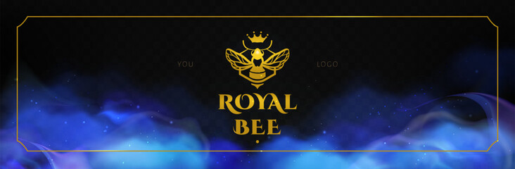 Royal bee logo with a crown . Golden frame with blue smoke. Сeremonial award background .Vector eps 10
