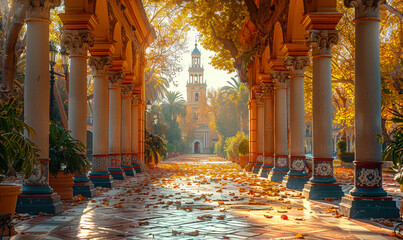 Fototapeta premium Sunlit Constitution Avenue in Seville City Center with Scenic Spanish Architecture and Leaf-Strewn Path in Morning Light, February 7, 2020 - Captivating Urban Landscape and Historic Charm