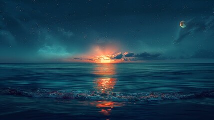 Gleaming evening sky above calm sea during summer twilight