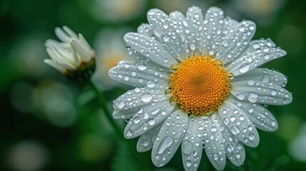 Close up of dew-covered daisy flower in morning light
