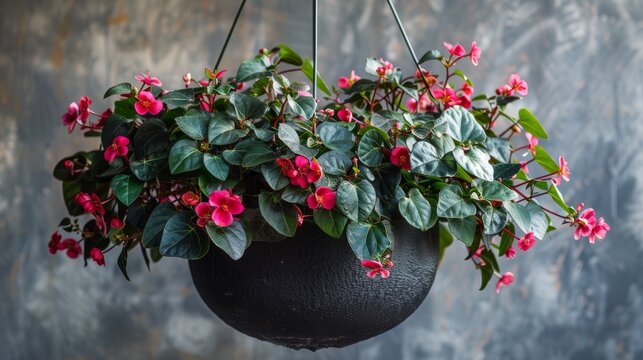 Hanging pot plant with acalypha and red blooms in a stylish indoor setting