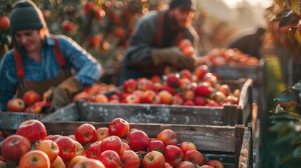 Workers harvesting apples in an orchard. AI.