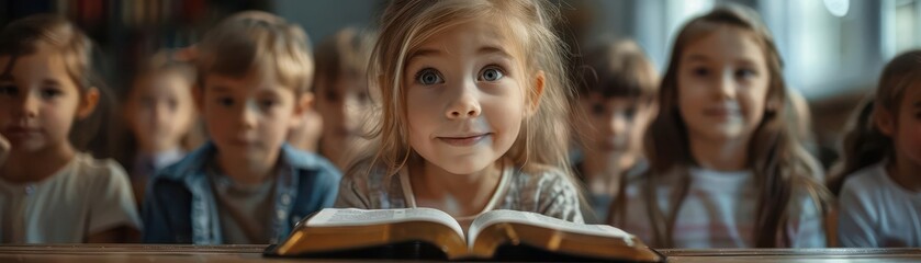 Realistic scene of children learning a Bible verse in Sunday school high-definition clarity