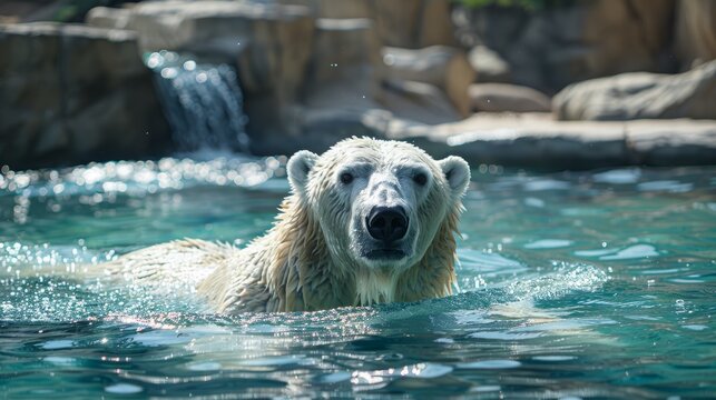 Polar bear swimming in zoo pond on a sunny day