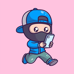 Cute ninja using hand phone cartoon icon illustration