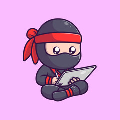 Cute ninja using tablet cartoon icon illustration © Nocte_studio