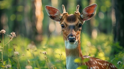 Close up view of a deer in a lush green forest during daylight hours
