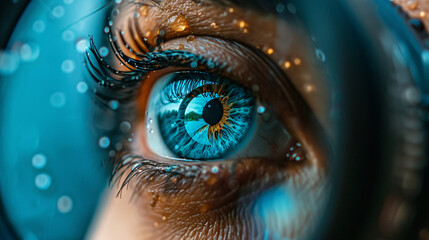 A closeup macro shot of blue eye women