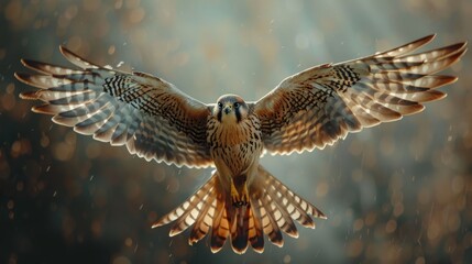 Fototapeta premium Kestrel bird of prey hovering in sunlight over a meadow