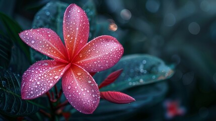 Fototapeta premium Tropical pink red petal flower covered in dew at night