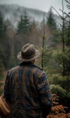 A man in a hat stands in the woods, looking out at the misty forest. AI.
