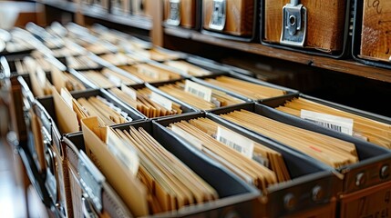 A row of filing cabinets with many files inside