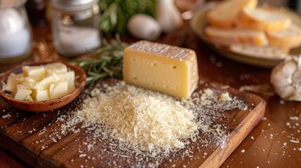 Fototapeta premium Fresh butter and breadcrumbs on a wooden board in a rustic kitchen setting