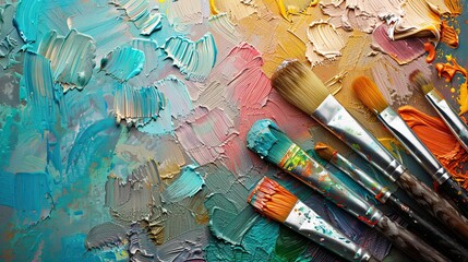 Fototapeta premium A paintbrush is in front of a row of paint cans