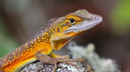 Obraz premium Wild brown anole lizard resting on a mossy rock in a tropical forest