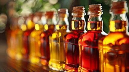Assorted cooking oils from plants animals and synthetics displayed on wooden shelf