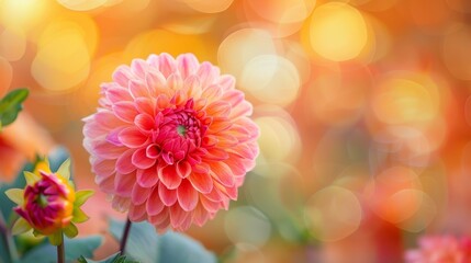 Fototapeta premium Vibrant dahlia blossoming against a blurred autumn background