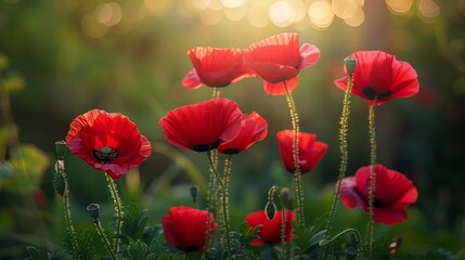 Fototapeta premium Blooming red poppies in a meadow during springtime