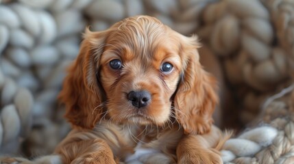 Adorable american cocker spaniel puppy relaxing in cozy basket