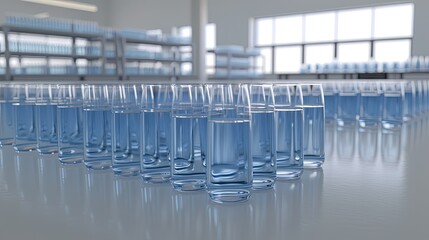 Clear beakers filled with blue liquid are arranged on a white table in a well-lit laboratory filled with scientific equipment and a molecular structure backdrop