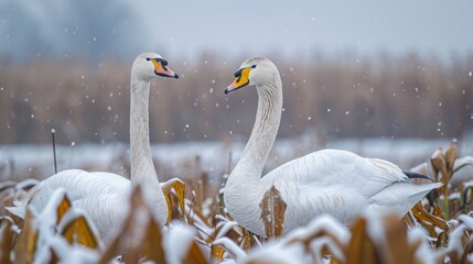 Fototapeta premium Bean goose and whooper swan wintering on cornfield