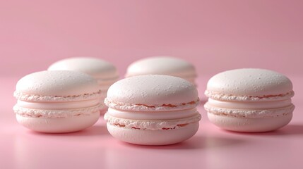 Obraz premium Delicate white french macarons displayed on a soft pink surface