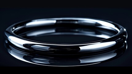 Stylish silver bangle on black surface with reflective details
