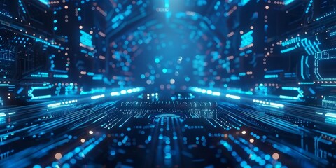 High tech digital network with futuristic data center and glowing blue connections in a virtual space.
