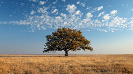 Fototapeta premium A solitary tree stands in a dry field, creating a sense of desolation and isolation. The image captures the serene and tranquil atmosphere of the rural landscape.