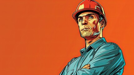 Obraz premium A man in a blue shirt and a red hard hat is standing in front of an orange background