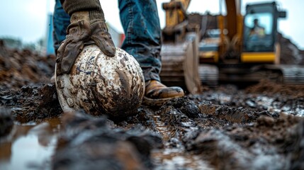 A construction worker wearing jeans and gloves holds his white helmet in one hand, with an excavator working in the background.