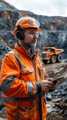 A construction worker in an orange safety suit and helmet, using a tablet on a mining site, surrounded by towering rock formations.
