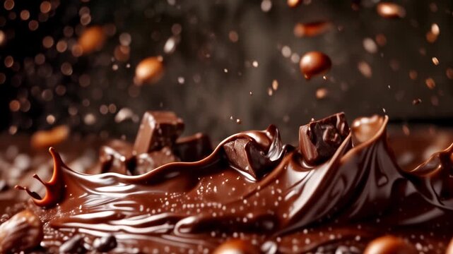 Chocolate chunks and hazelnuts splash and fall into a pool of melted chocolate.